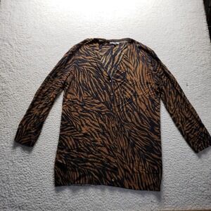 Neiman Marcus Cardigan Sweater Womens XL Brown Animal Print Cashmere V Neck Knit